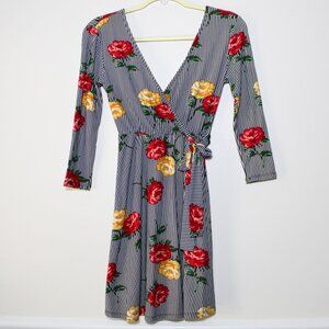 NoBoundaries Womens Striped Floral Wrap Dress Roses Romantic Feminine Size XS